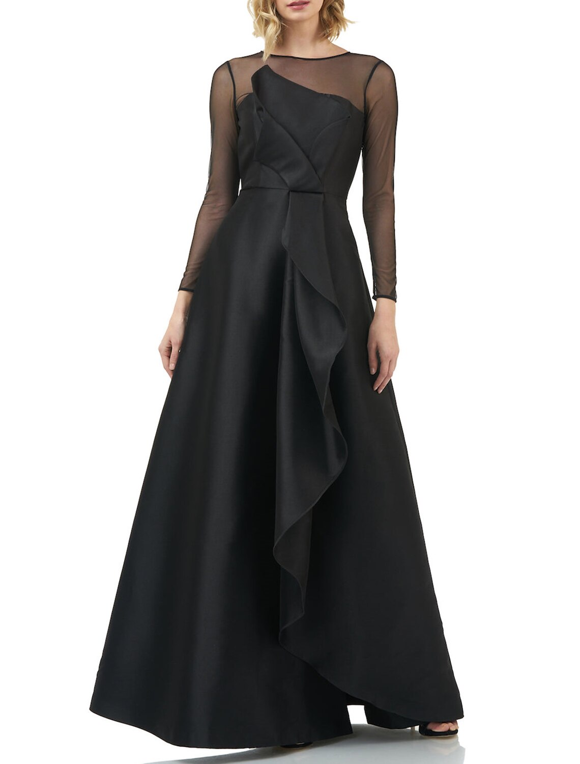 A-Line Evening Dress Black Dress Elegant Dress Wedding Wedding Guest Floor Length Long Sleeve Jewel Neck Gothic Satin with Ruffles 2025